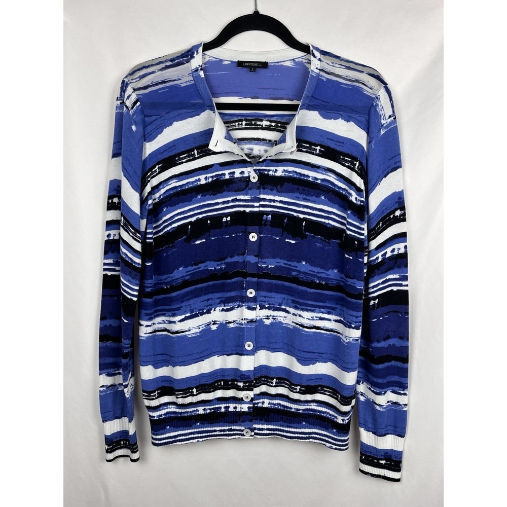 Lafayette 148‎ Abstract Stripe Silk Panel Knit Cardigan Sweater Blue White Large - Picture 2 of 12